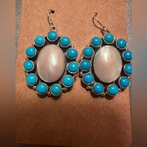 Sterling silver, turquoise and mother-of-pearl dangling earrings